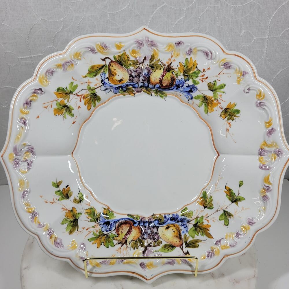 Vintage Italian Serving Platter Scallop Raised 13" White Floral Serving Plate